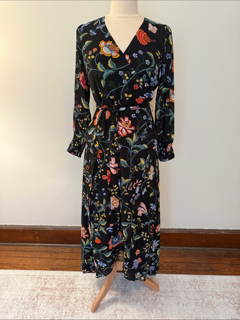 Floral Wrap Maxi Dress - Black with Multi Floral
